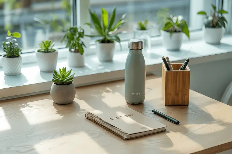 Notebook and water bottle arranged for a morning hydration routine